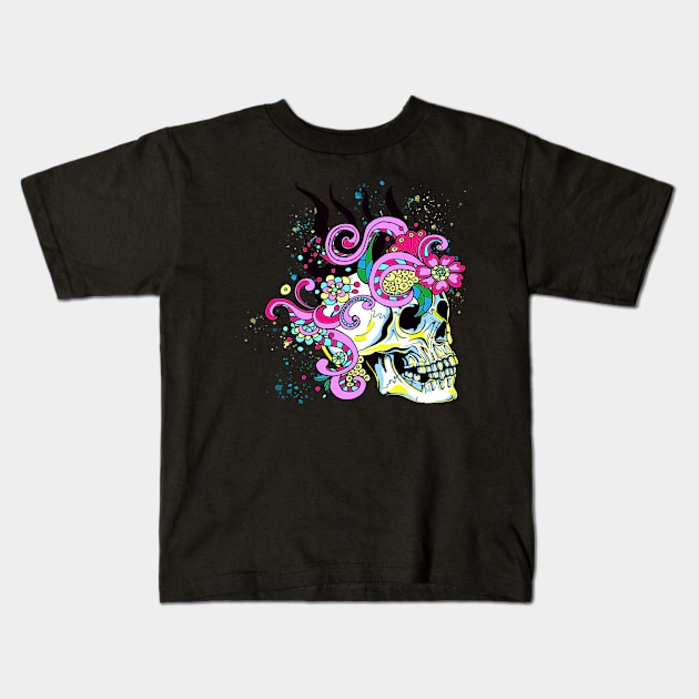 Floral Ornaments Skull Ornate Flowers Skeleton Kids T-Shirt by Foxxy Merch